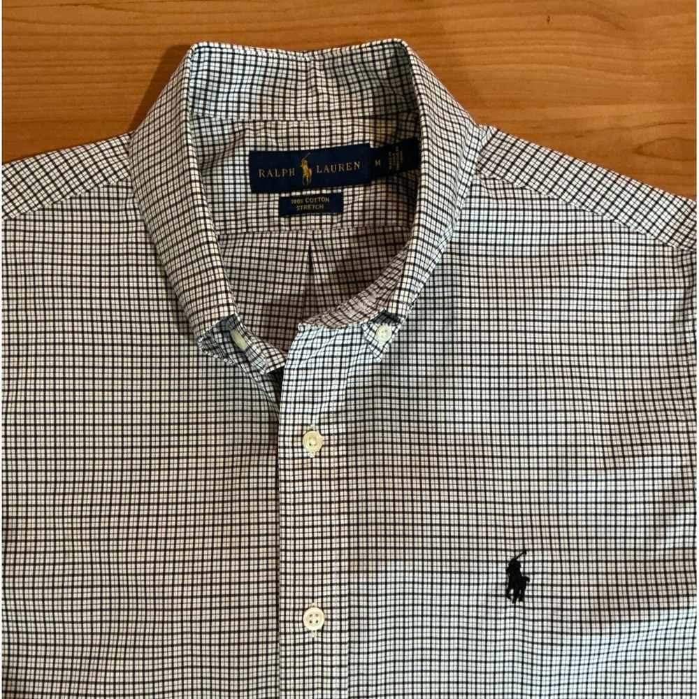 Ralph Lauren Button Down Shirt Men M Black White Micro Check 100% Cotton Stretch